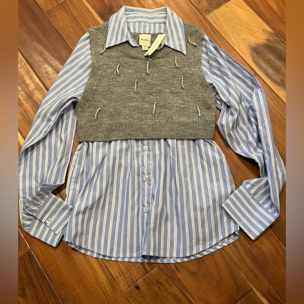 Maeve Gray and Blue Striped Long Sleeve Top